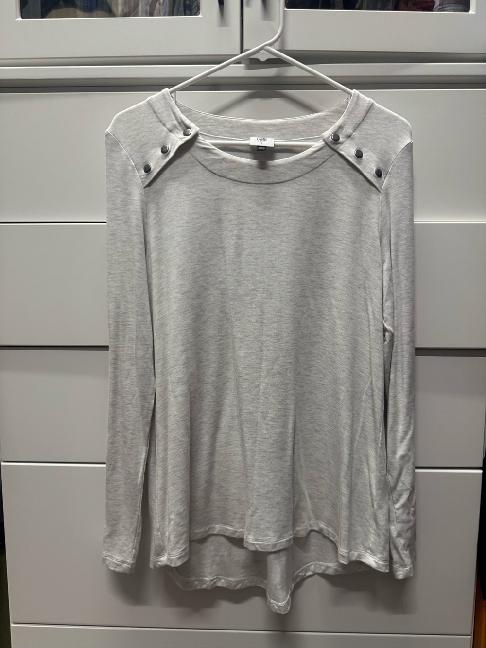 CAbi Heather Light Gray Long Sleeve Top with Shoulder Button Detail